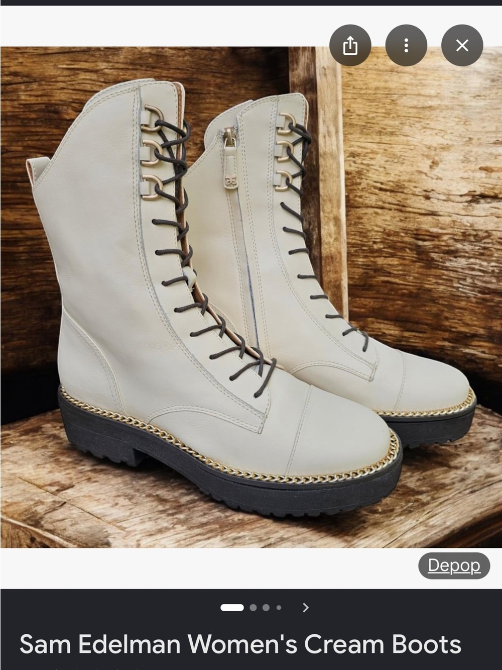 Sam Edelman Cream Lace-Up Combat Boots with Gold Chain Trim